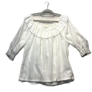 René White Ruffle Blouse  Textured Stripe Peasant Top  Size 14